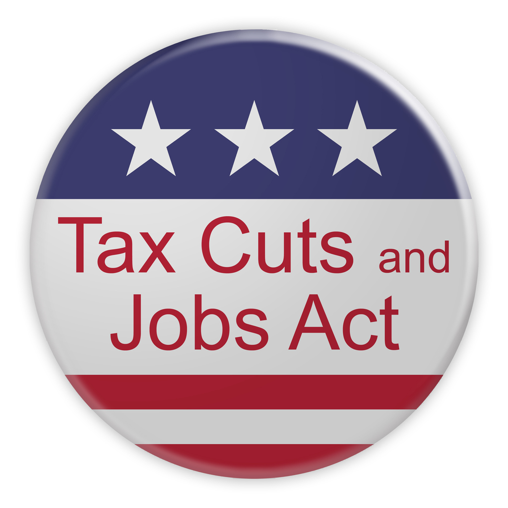 USA Politics News Badge: Tax Cuts And Jobs Act Button With US Flag, 3d illustration isolated on white background